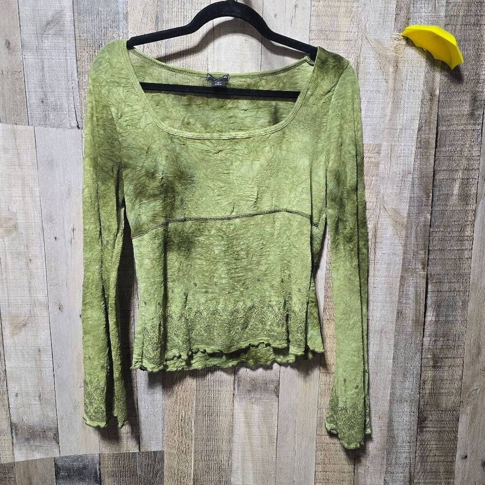 Fang Vintage Y2K Green Glitter Peasant Blouse Large Cottage Fairy Retro Indie